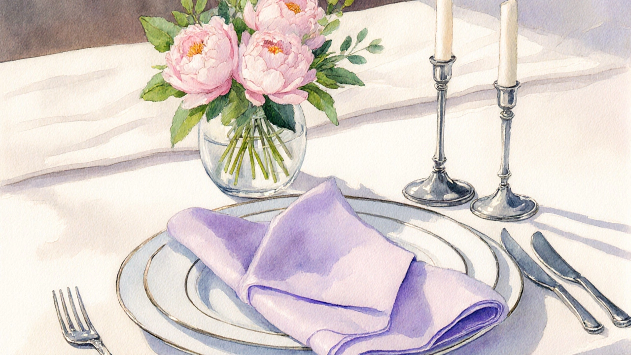 Близкий вид текстиля и декора: лиловая сложенная салфетка, ваза с весенними цветами, свечи, светлая скатерть.