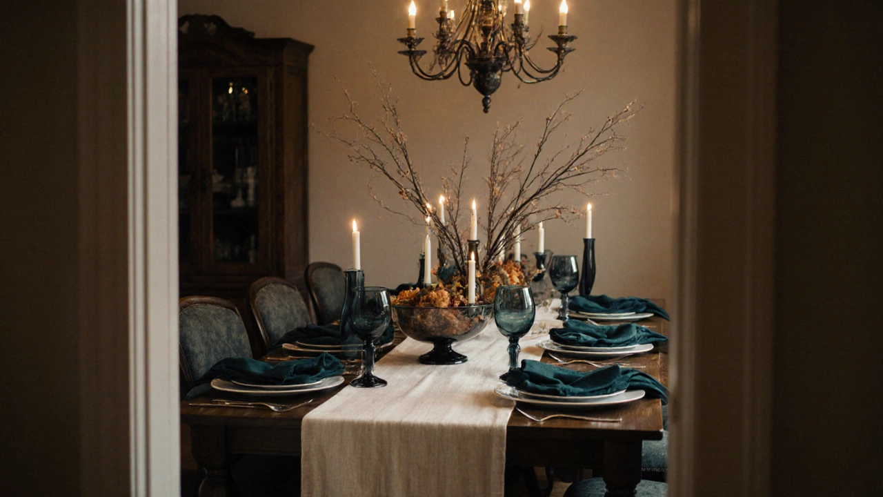 Полный вид готового стола из дверного проёма: кремовый бегунок, темно-голубые салфетки, свечи в стеклянных чашах, мягкое освещение.