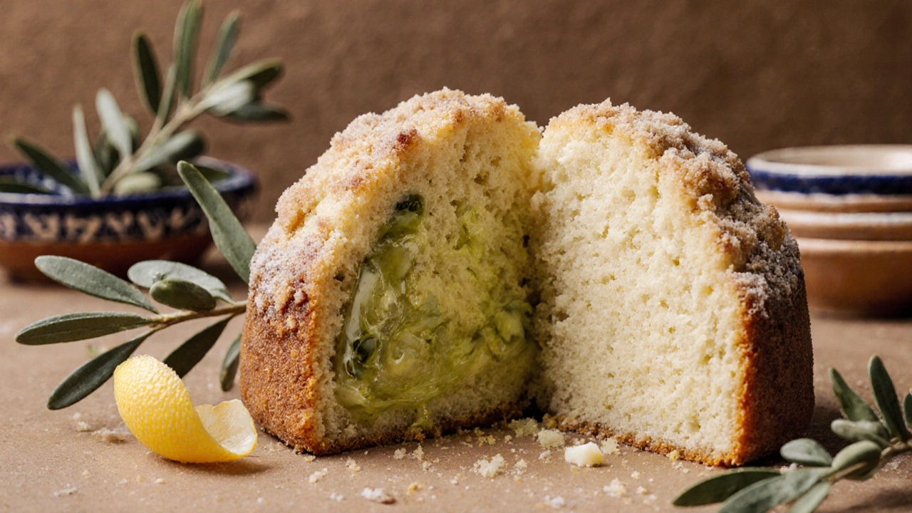 Разрез пирога с двумя текстурами: одна с оливковым маслом, другая со сливочным