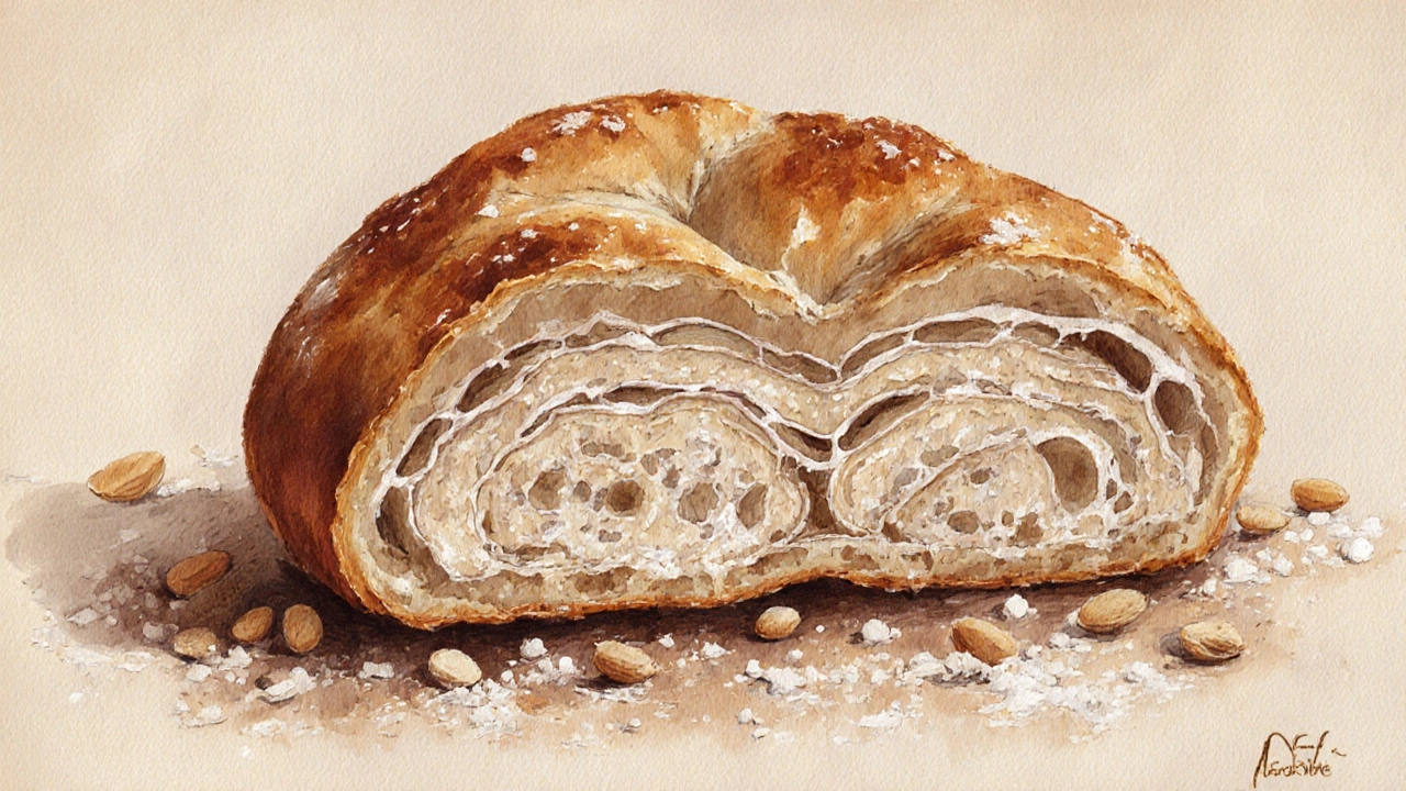 Разрез пирожка с воздушной структурой теста, образованной глютеновой сеткой.