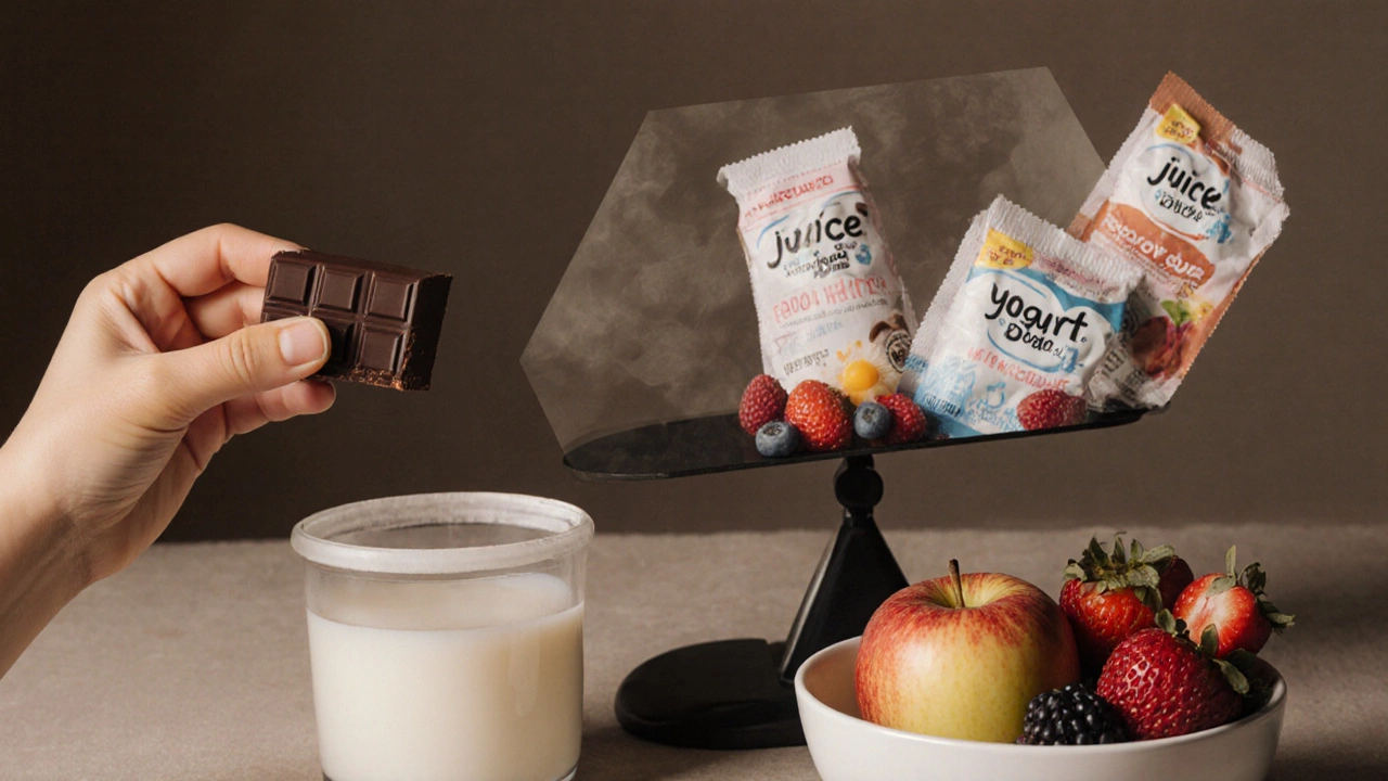 Ребёнок держит тёмный шоколад рядом со свежими фруктами, символизируя здоровый выбор.