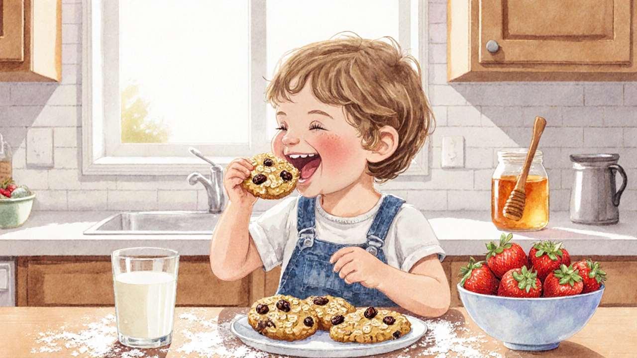 Ребёнок ест домашнее овсяное печенье с бананом и изюмом на кухне.