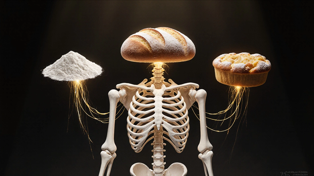 Скелет из мешков с мукой, поддерживающий выпечку, символизирующий её основу.