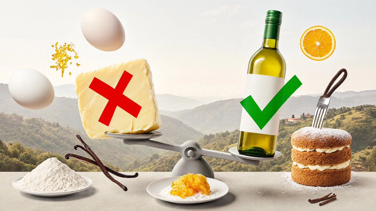 Весы с оливковым маслом и маслом, символизирующие замену в выпечке