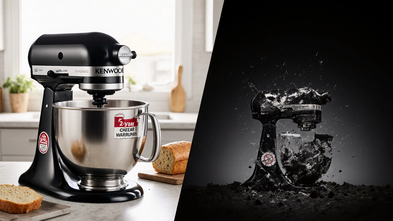 Два сценария: надежная техника с гарантией слева и сломанный агрегат без сервиса справа, символизируя выбор между долговечностью и риском.