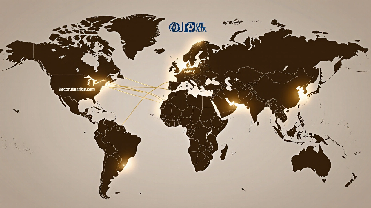 Глобальная карта с точками производства Electrolux: Италия, Польша, Турция, Китай, соединённые линиями.