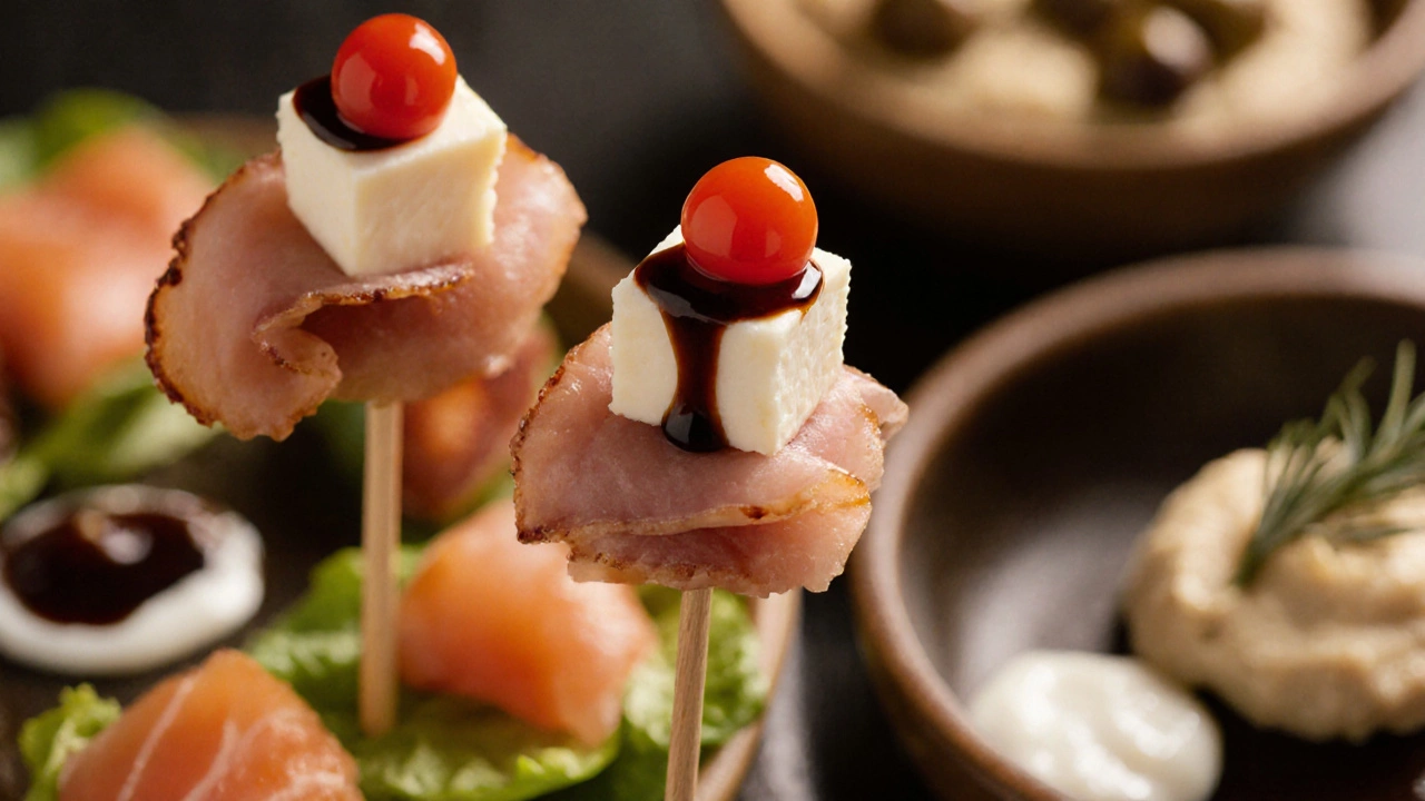 Канапе на шпажках: сыр, ветчина, помидор и бальзамическая капля.