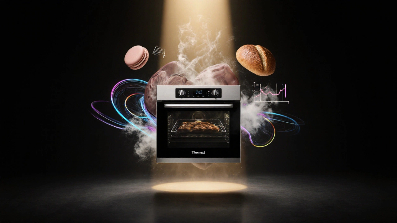 Концептуальное изображение духовки Thermador как механического сердца, окружённого тепловыми волнами и формами хлеба и макарон.