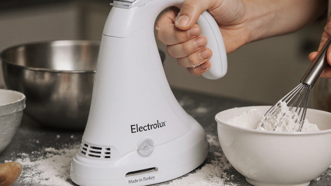 Кухонный миксер Electrolux с маркировкой &#039;Made in Turkey&#039; на основании, на фоне кухонных принадлежностей.