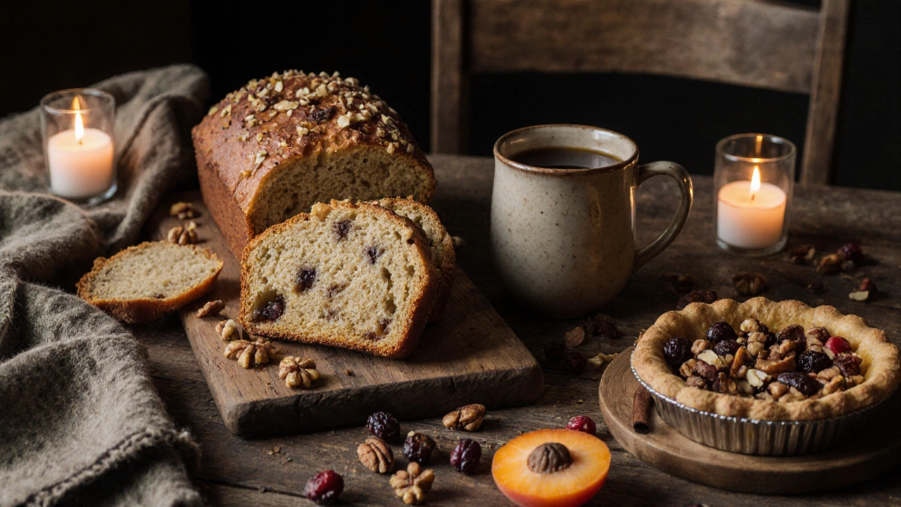 Медовый хлеб с грецкими орехами и пирог с изюмом на деревянной доске, рядом керамическая кружка.
