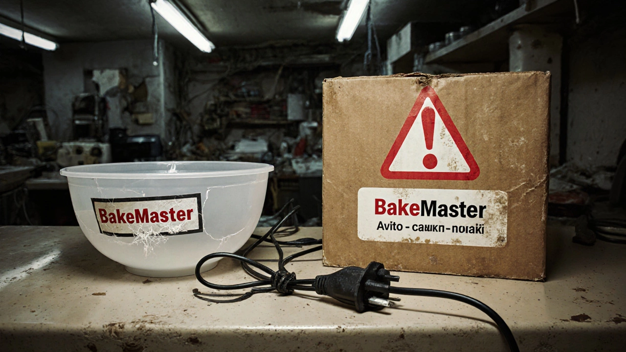 На столе — поддельная техника с треснувшей чашей и предупреждающий знак, контекст — сомнительная продажа на Avito.