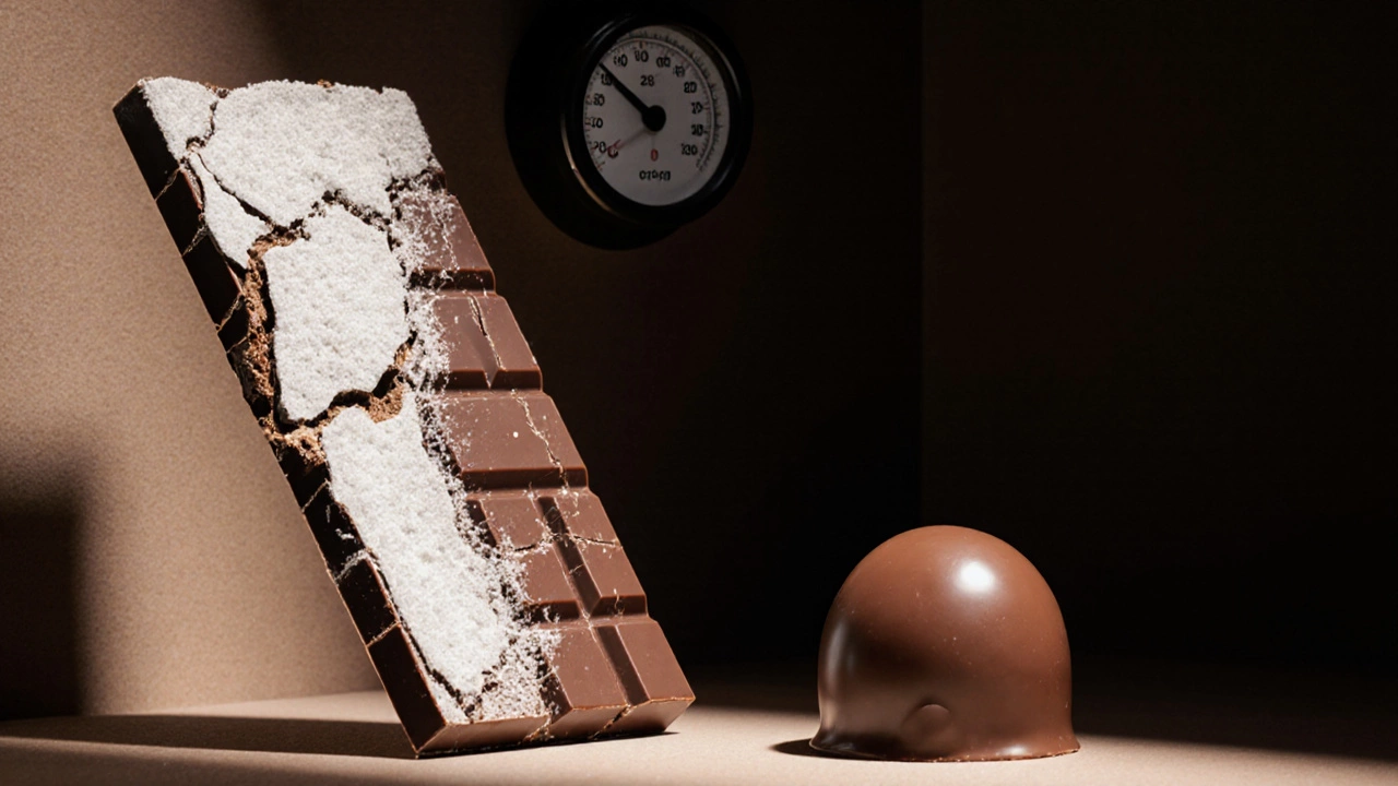 Потрескавшийся шоколад с белым налётом рядом с идеально заблестевшим трюфелем.