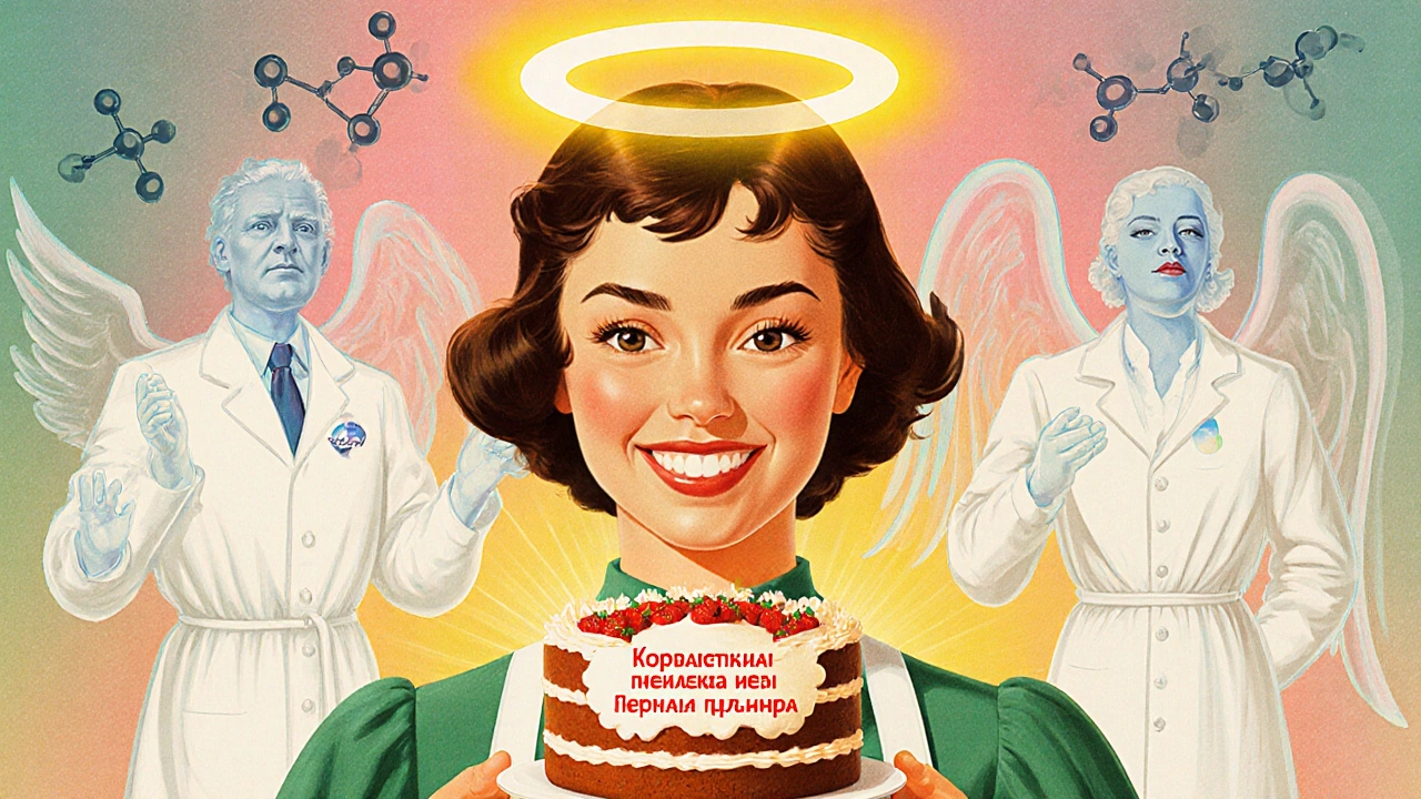 Ретро-объявление с тортом и прозрачными химическими молекулами, напоминающими призраков