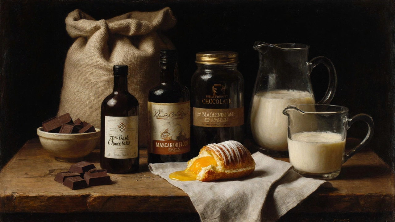 Роскошные ингредиенты для десертов: шоколад, маскарпоне, миндальная мука, сливки и ванильный экстракт на деревянном столе.