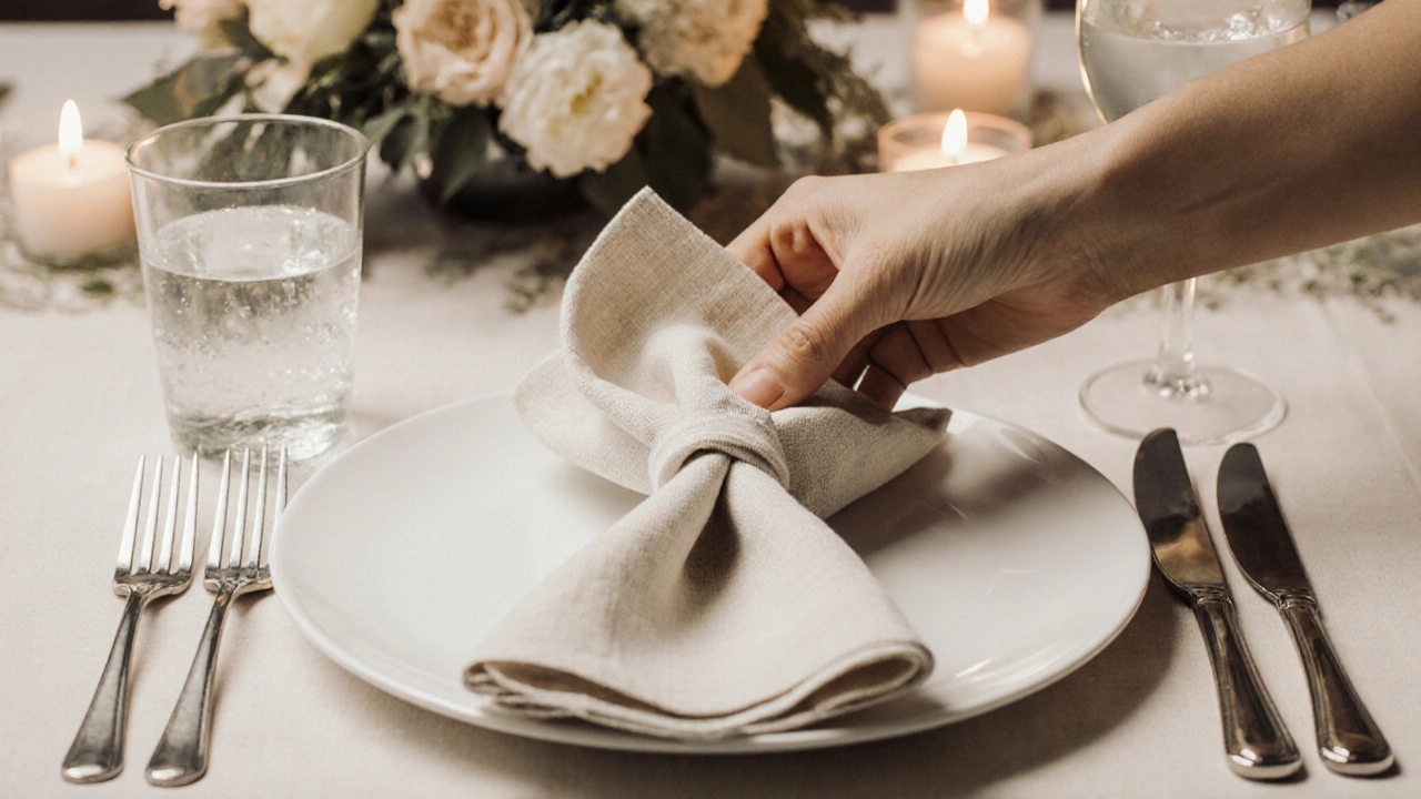 Рука кладет сложенную салфетку цветком на тарелку, рядом — вилки и ножи, бокалы в правильном порядке.