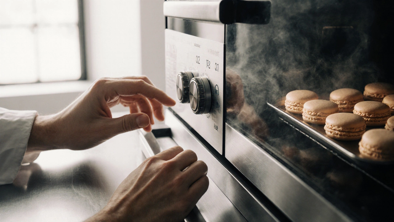 Руки пекаря настраивают температуру духовки Thermador до 182°C, на заднем плане макаруны с идеальной формой.