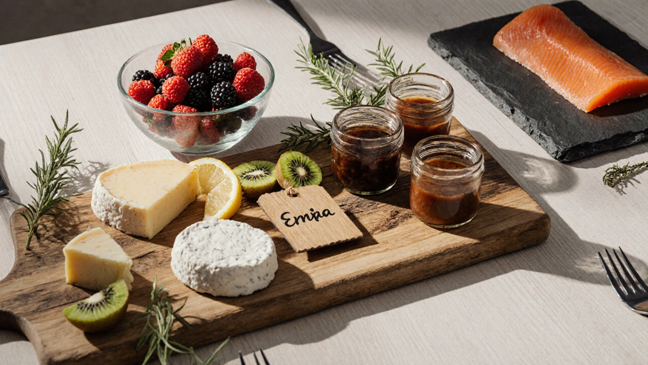 Смокед лосось, ягоды, соусы и этикетки на деревянных табличках на столе.