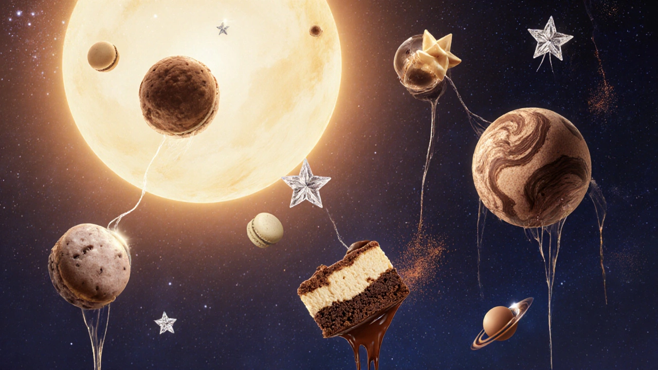 Сurrealist-стиль: пять десертов парят в воздухе, соединённые потоками шоколада и ванили, на фоне космического неба.