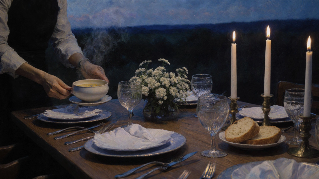 Темный вечер: теплые тарелки, свечи, низкие цветы и аккуратно расставленная посуда на деревянном столе.