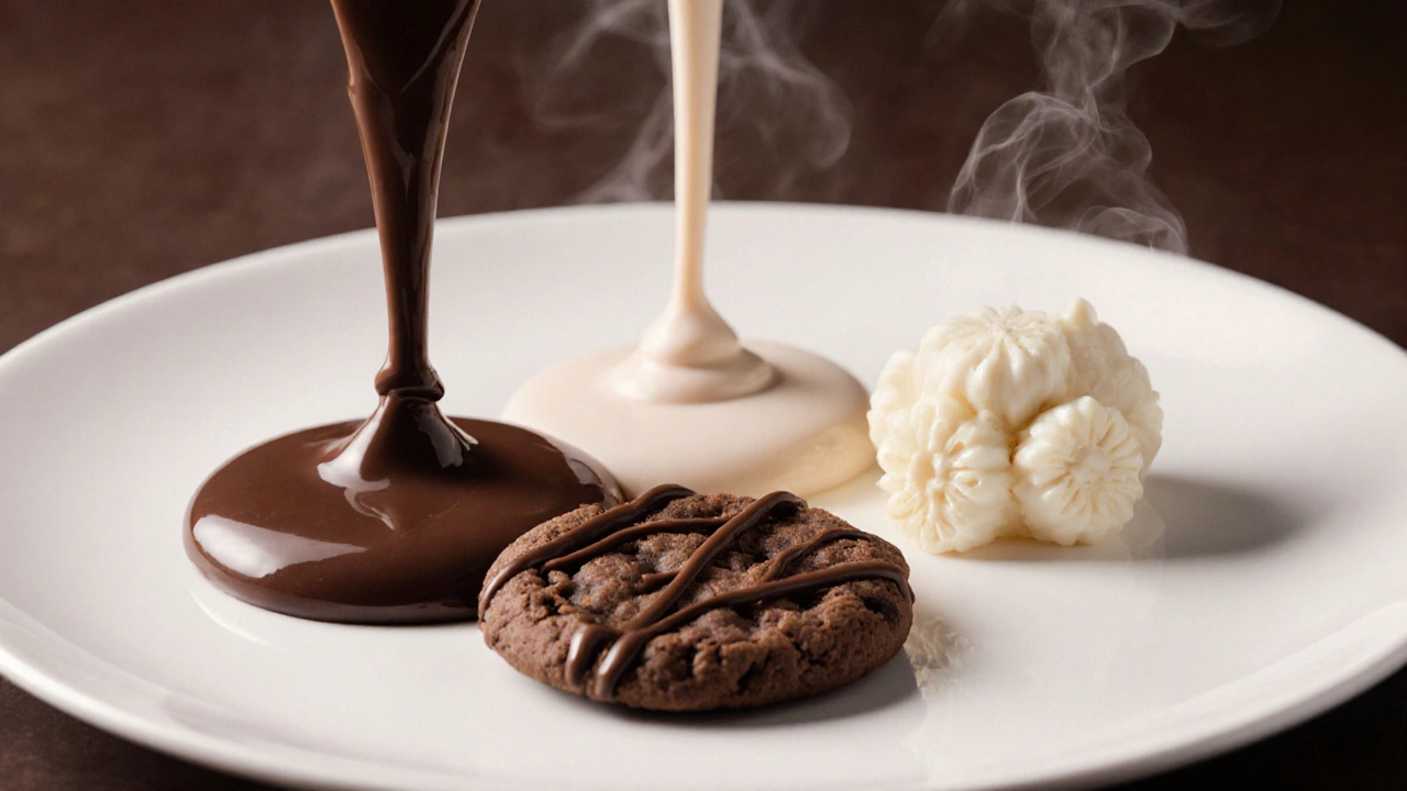 Три вида шоколада: тёмный, молочный и белый, оформлены как ингредиенты для десертов.