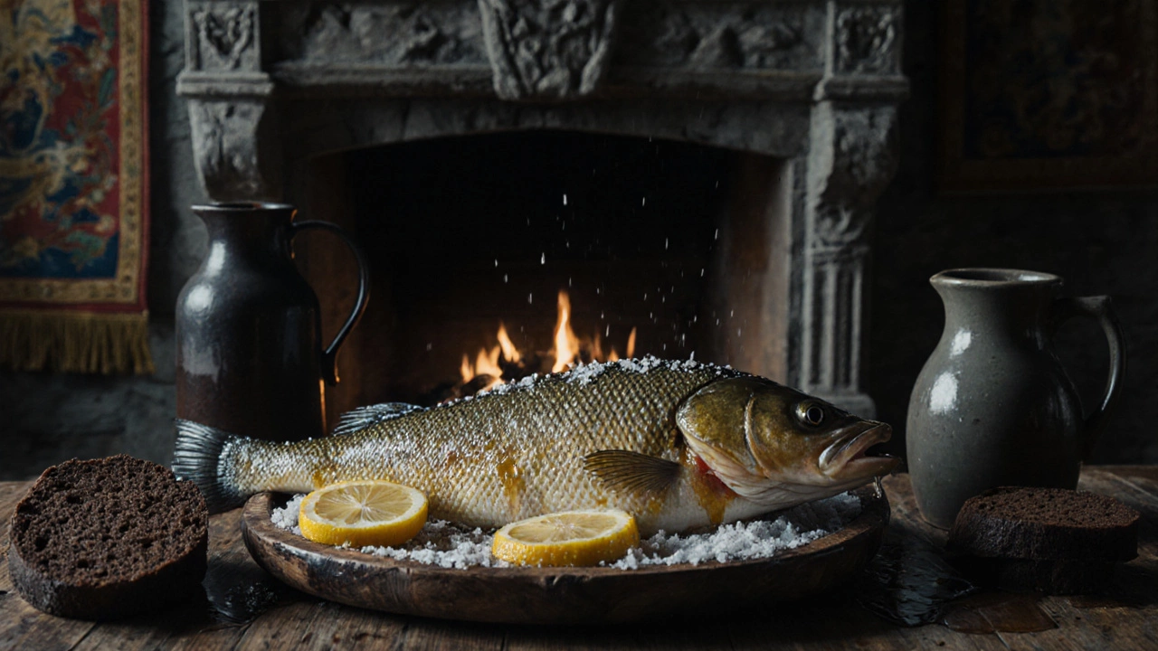 Запечённая рыба в соли с лимоном и маслом на грубой деревянной тарелке.