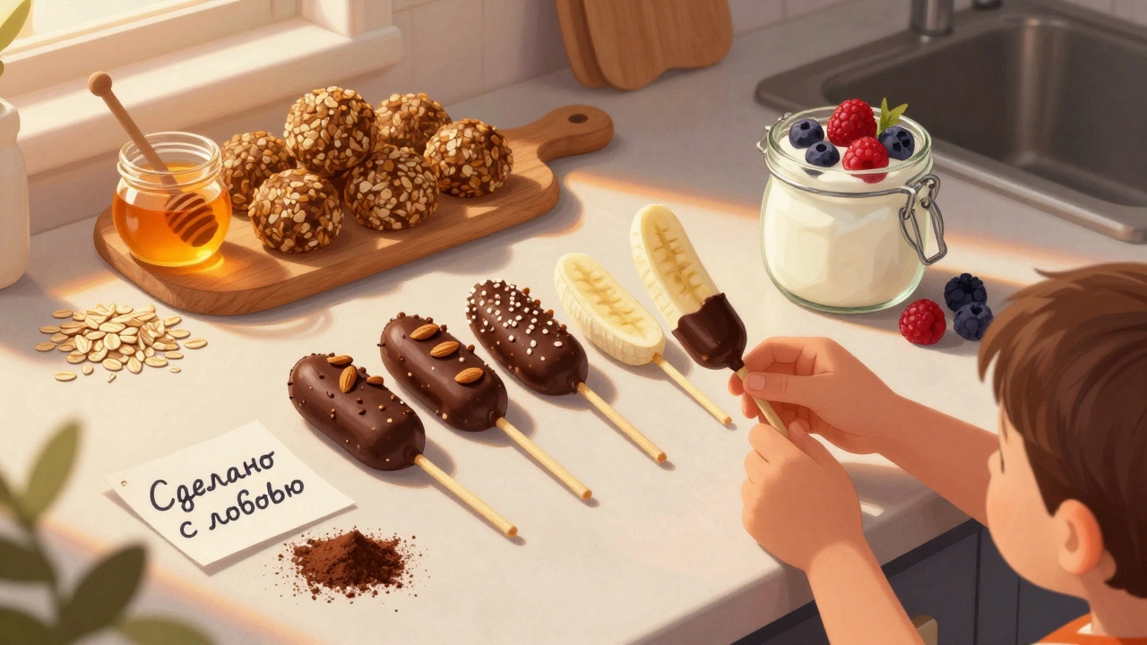 Домашние полезные десерты: банановые эскимо, овсяные шарики и йогурт с ягодами на кухонной стойке.