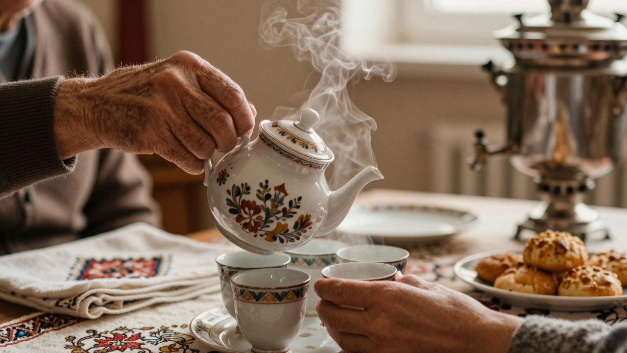 Две руки — молодой и пожилой — вместе держат чайник над кружками, пар поднимается в воздух.
