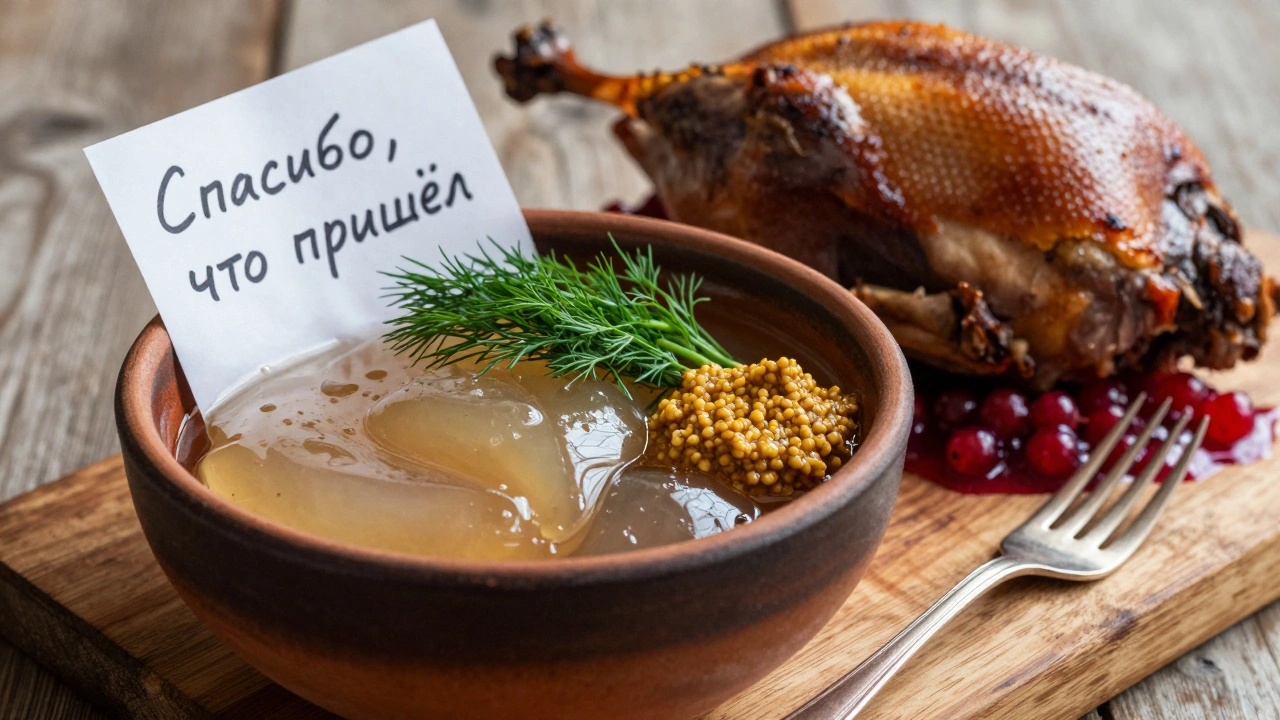 Холодец с зеленью и утка с клюквенным соусом на деревянной доске.