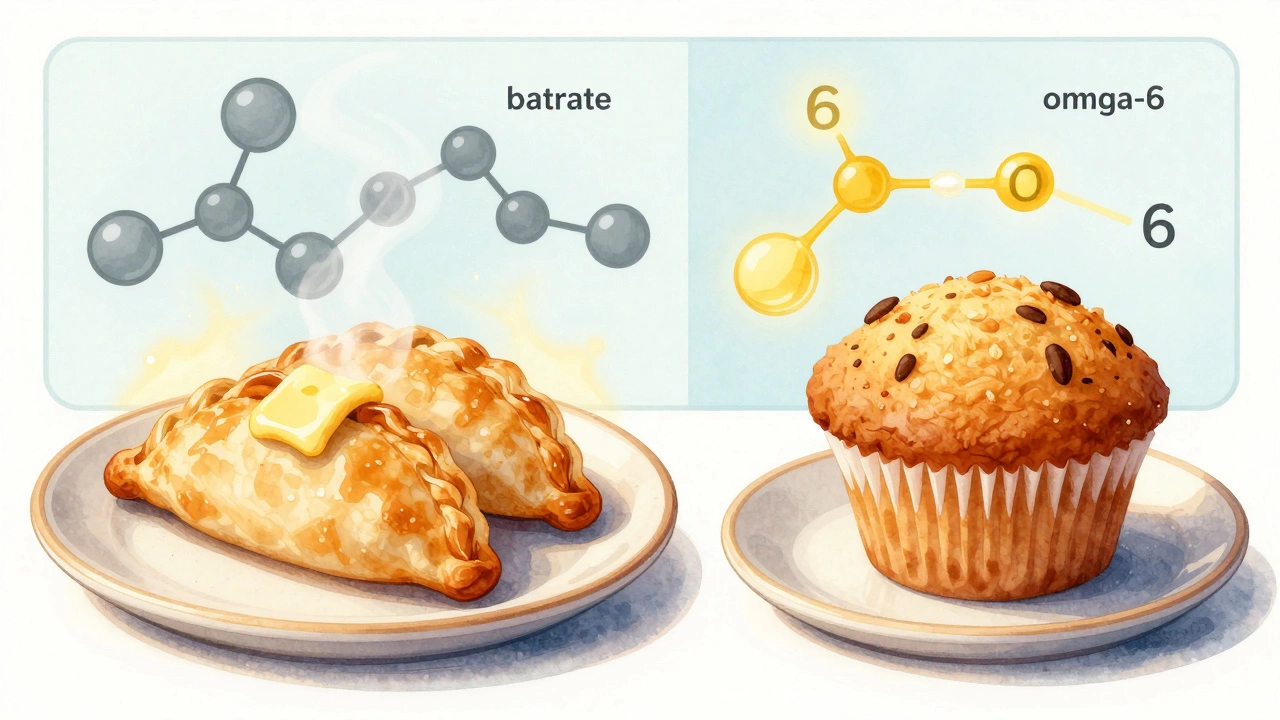 Классический пирожок с маслом и современный маффин с растительным маслом на тарелках.