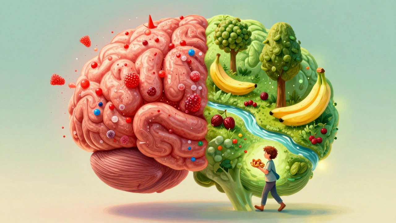 Концептуальное изображение детского мозга: одна сторона — сахарные пики, другая — здоровые фрукты и природная энергия.