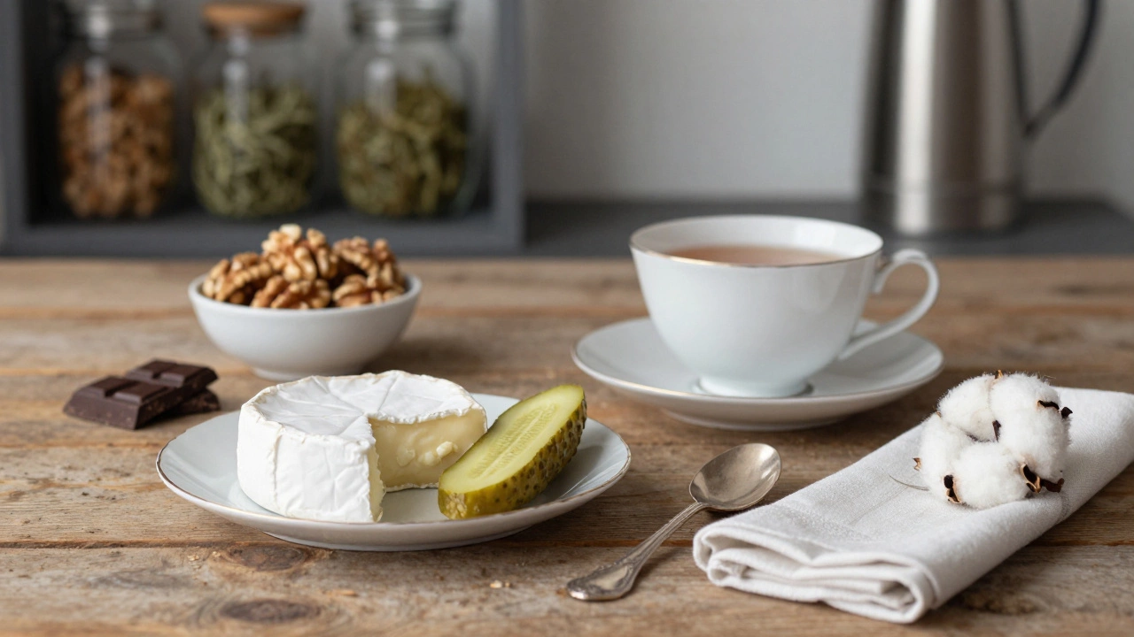 Порционные блюда к чаю: сыр, огурец, орехи и шоколад на фарфоровой посуде.