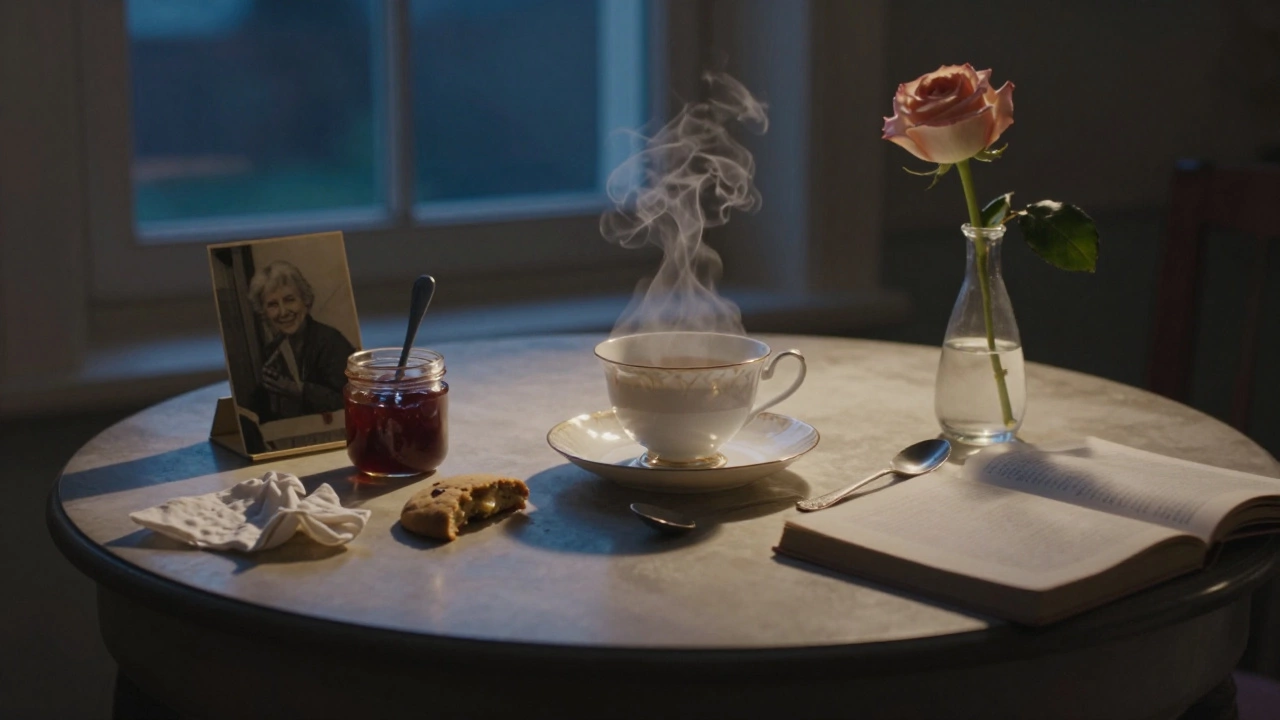 Пустой чайный стол с одной оставшейся чашкой и розой на закате, создает атмосферу тишины.