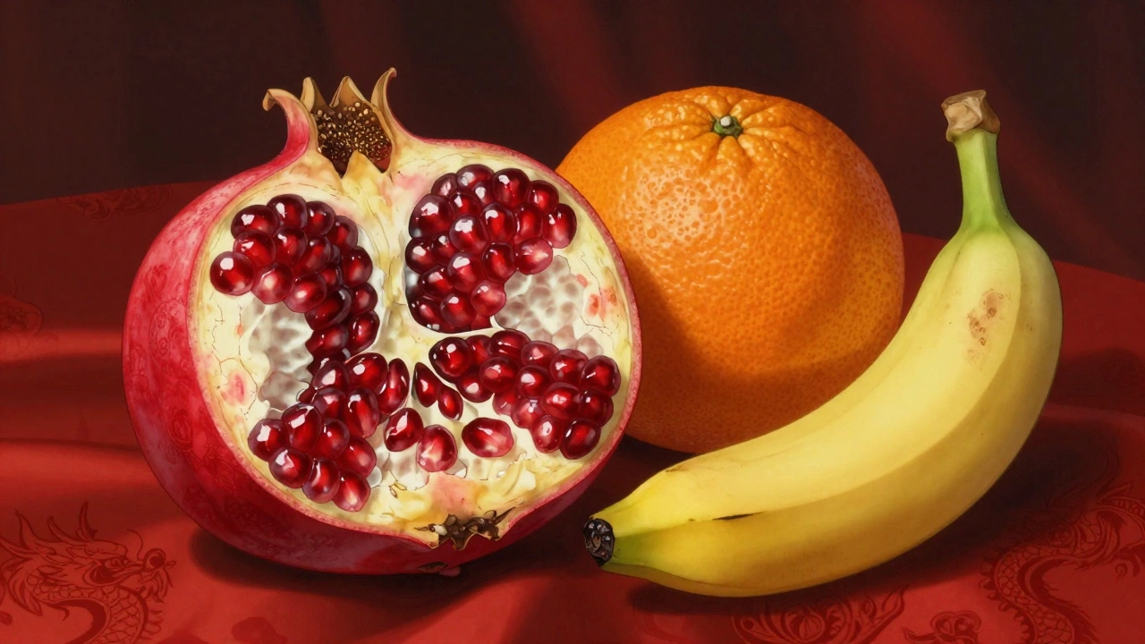 Разрезанный гранат с тысячами сочных зёрен рядом с апельсином и бананом, напоминающим золотой слиток.