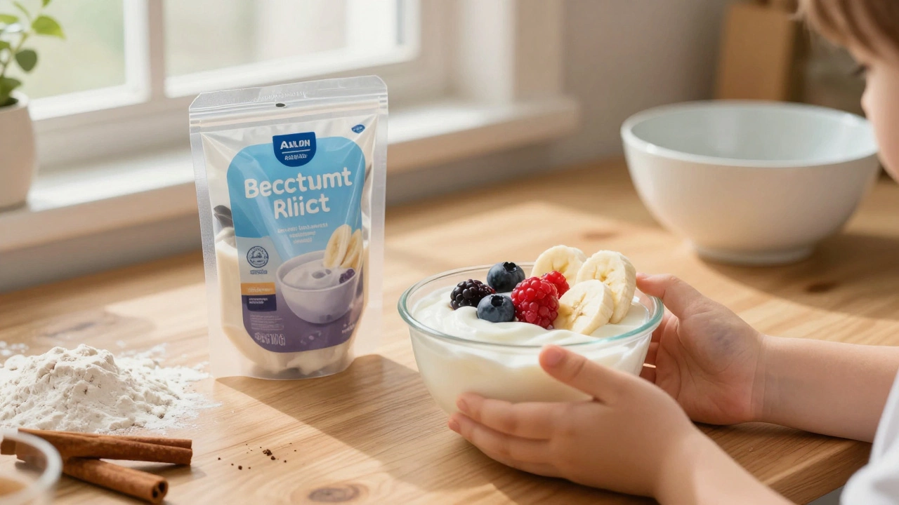 Ребёнок ест натуральный йогурт с ягодами рядом с выброшенной упаковкой искусственного десерта.