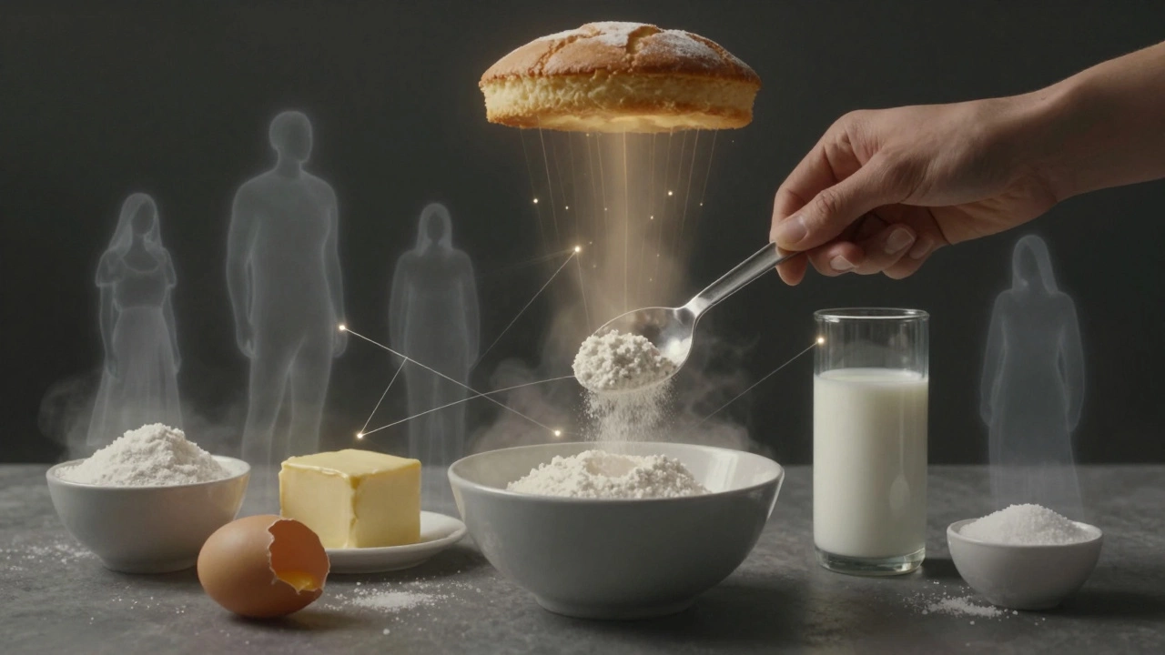Рука добавляет разрыхлитель, а вокруг него материализуются прозрачные силуэты остальных ингредиентов, символизирующих их роль в выпечке.