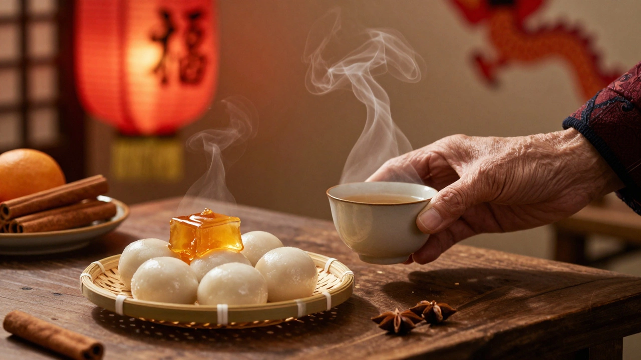 Рука подаёт горячий имбирный чай рядом со сладостями на бамбуковой тарелке, пар поднимается в воздух.