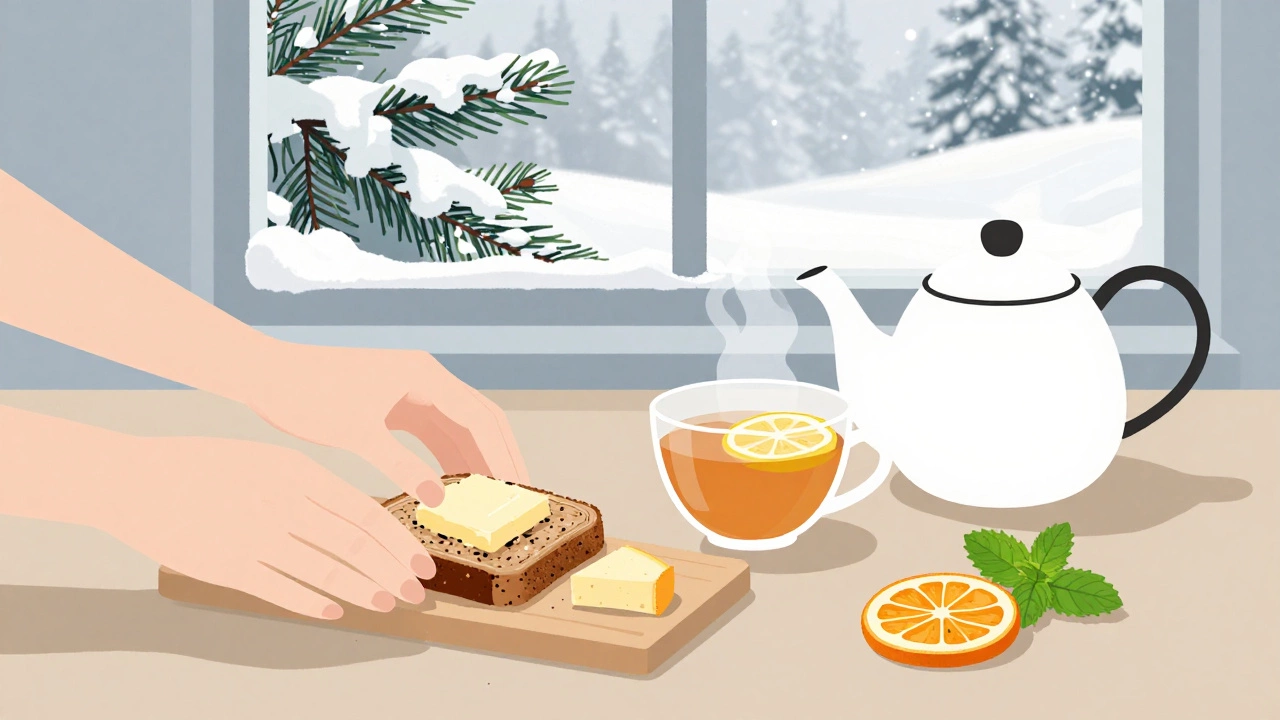 Руки кладут хлеб с маслом и сыром на доску рядом с чашкой чая и лимоном.