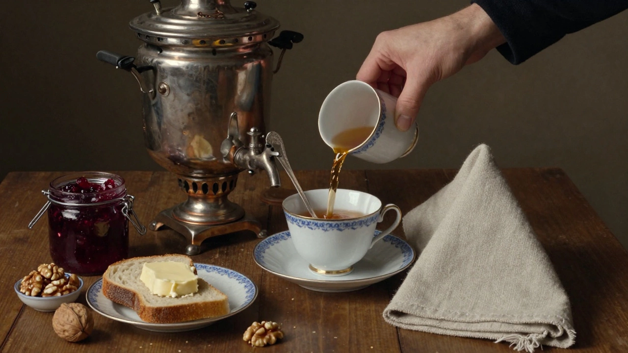 Руки наливают чай в чашку, рядом — мед, варенье и орехи на деревянной поверхности.