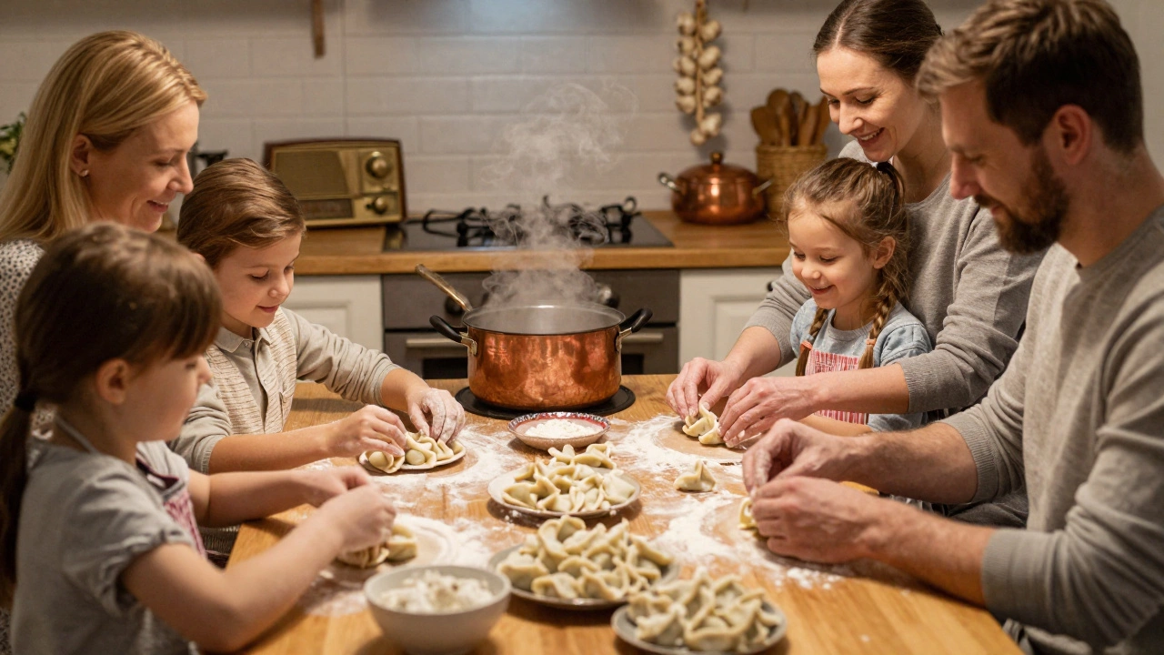 Семья готовит пельмени вместе, смеётся и лепит в тёплой кухне.