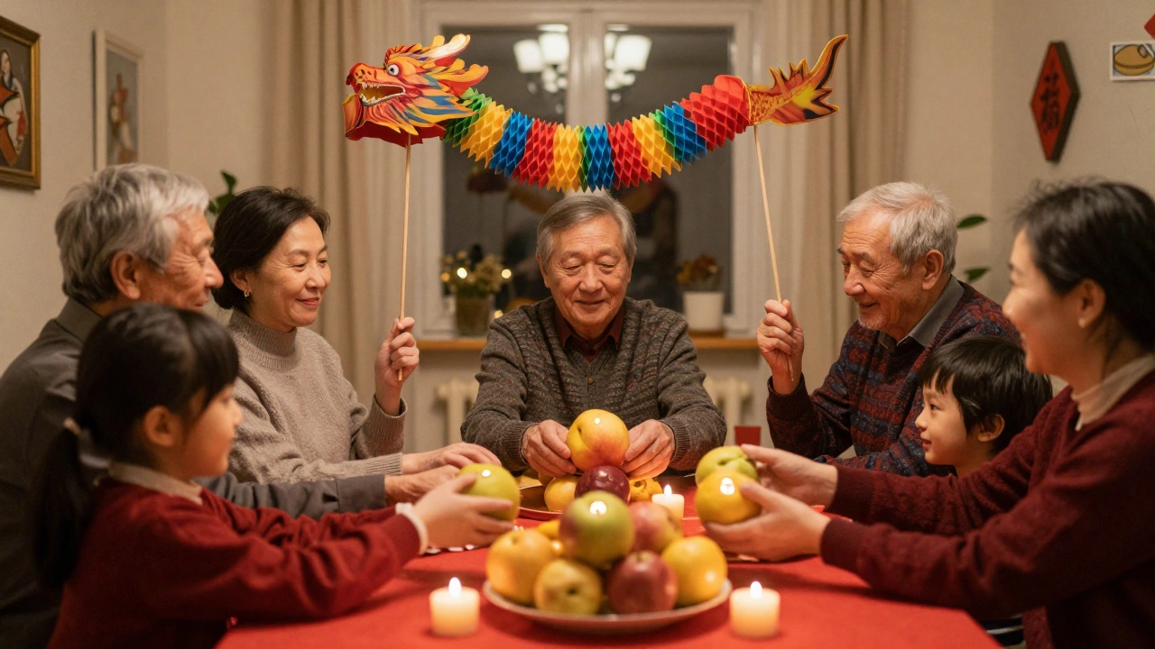 Семья в Казани устанавливает фрукты на праздничный стол, рядом с драконьей фигурой и тёплым светом свечей.