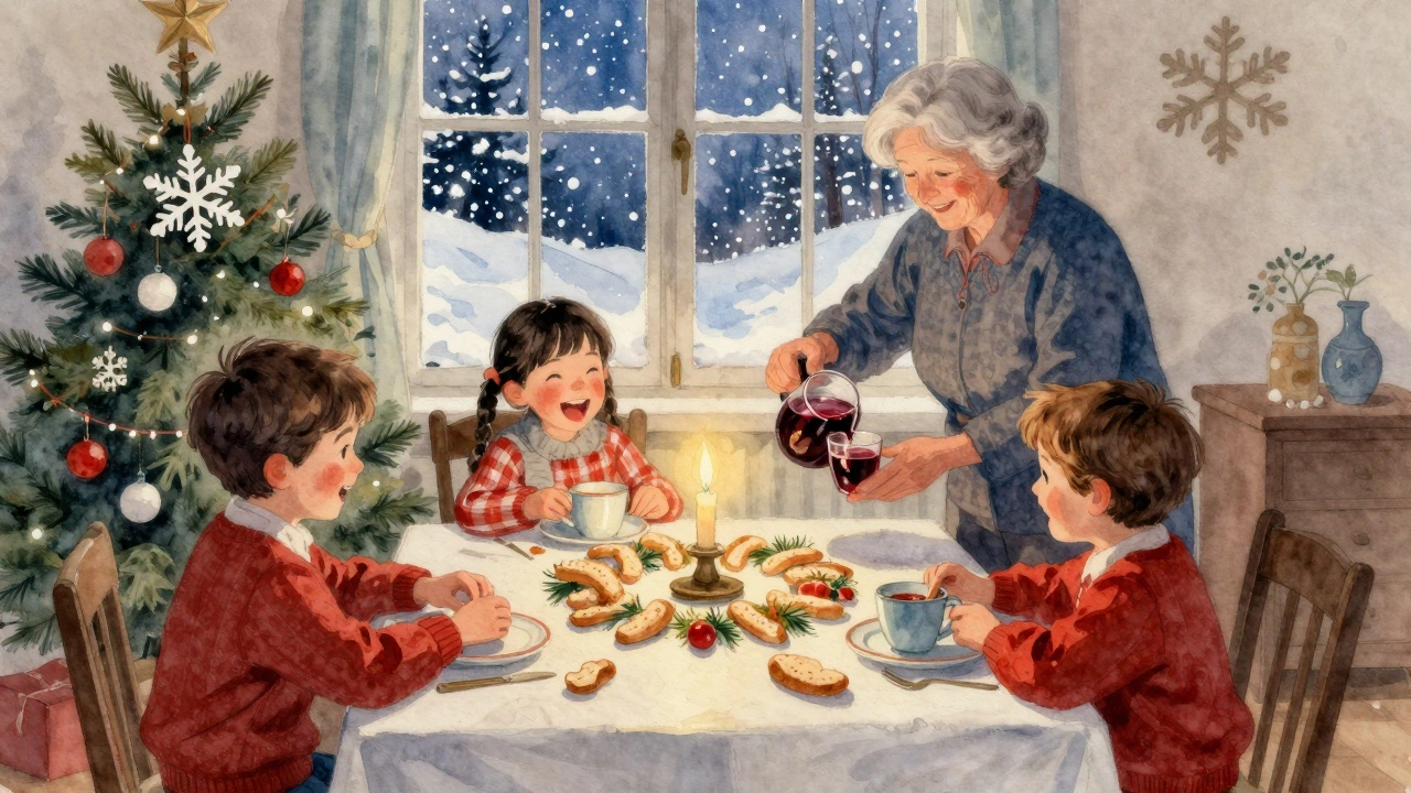 Семья за рождественским столом: дети берут хлеб, пожилой человек наливает глинтвейн.