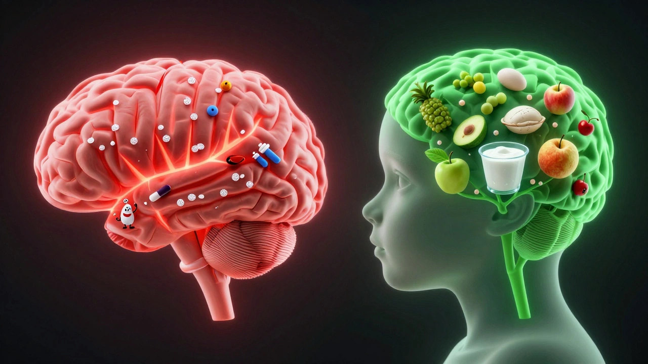Схема детского мозга: одна часть — от сахара и красителей, другая — от натуральных продуктов.