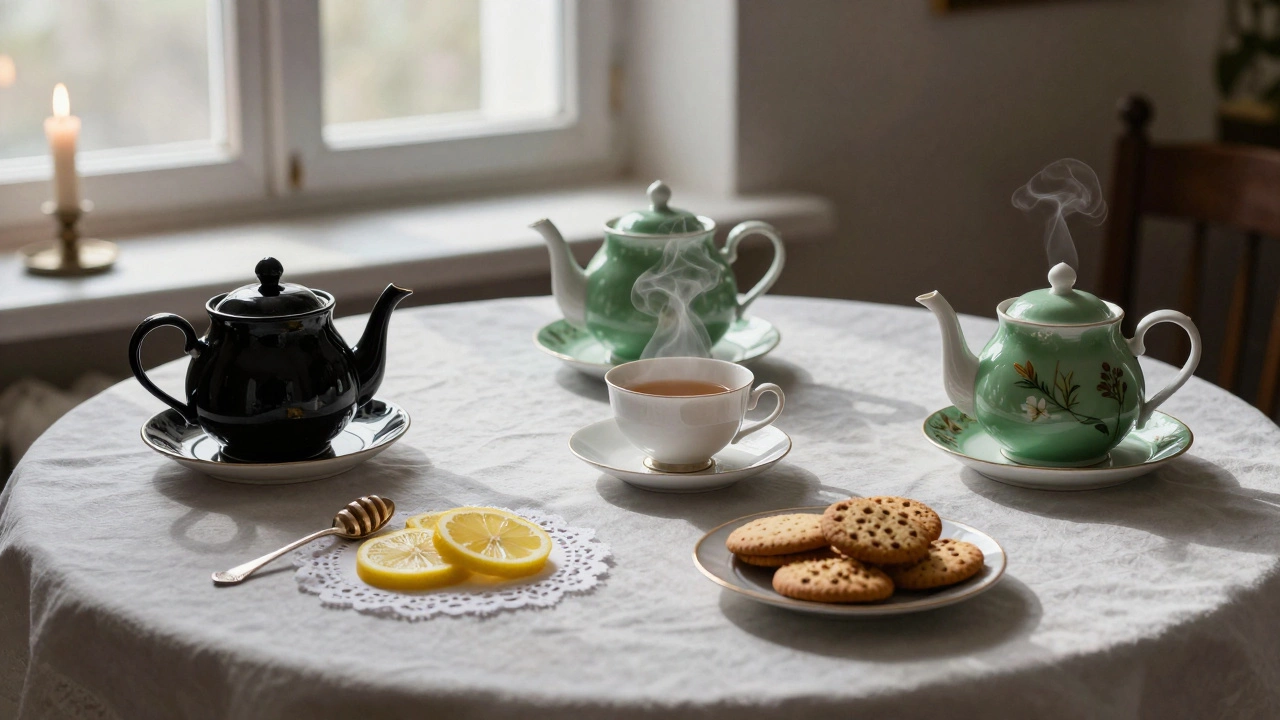 Три чайника, лимон, мед и печенье на сервированном столе — символ традиционного чаепития.