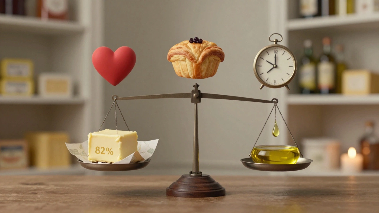 Весы с сливочным маслом и подсолнечным маслом, символизирующие выбор между вкусом и здоровьем.