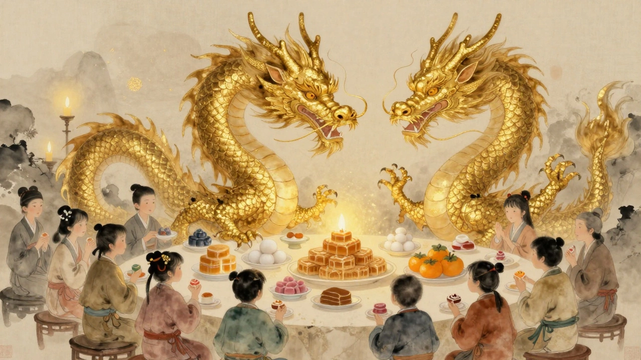 Золотой дракон, обвивающий стол с традиционными новогодними сладостями, в стиле китайской акварели.