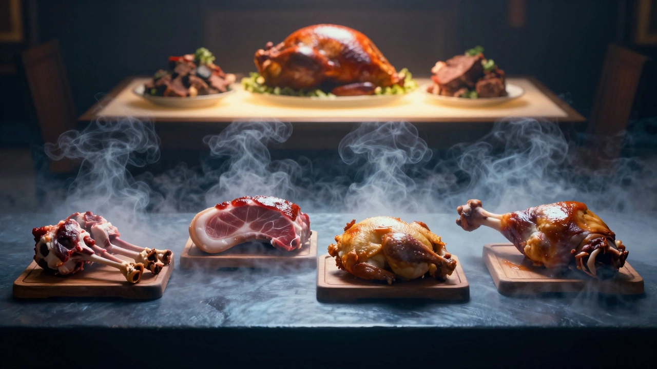 Четыре запрещенных вида мяса на отдельных досках, затянутые туманом, в тени теплого праздничного стола.