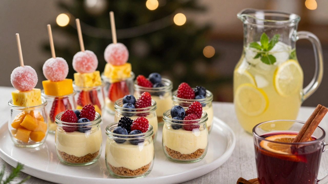 Чизкейки в стаканах и фрукты на палочках с лимонадом и глинтвейном на десертной стойке.