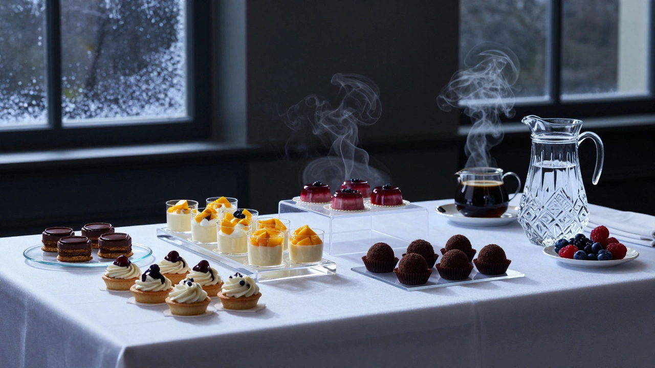 Десертная зона с порционными тортами, муссами и шоколадными трюфелями, рядом — кофе и вода.