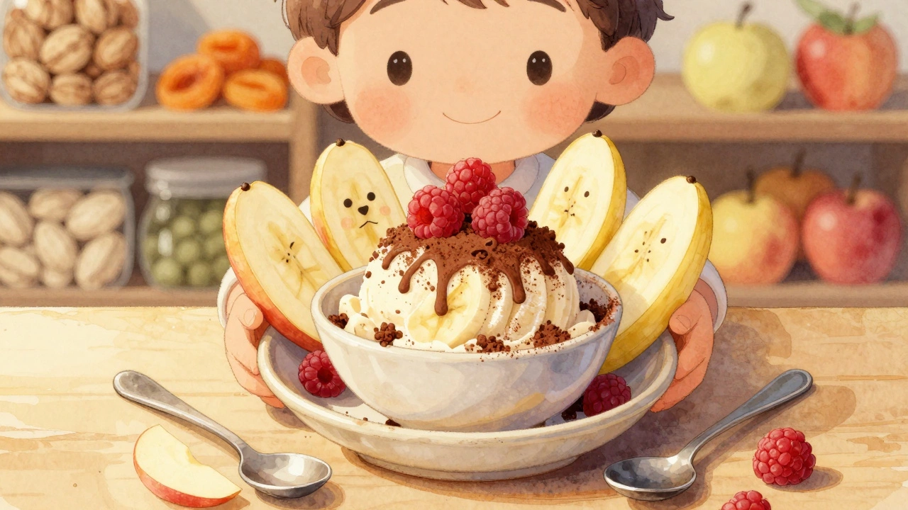 Домашнее мороженое из бананов с какао и ягодами в керамической миске