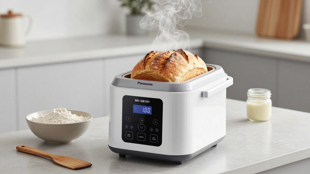 Хлебопечка Panasonic с только что испеченным хлебом на кухне.